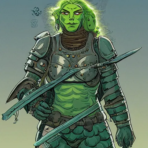 Image similar to character portrait green orc lady in full plate armour by art style by feng zhu and loish and laurie greasley, victo ngai, andreas rocha, john harris