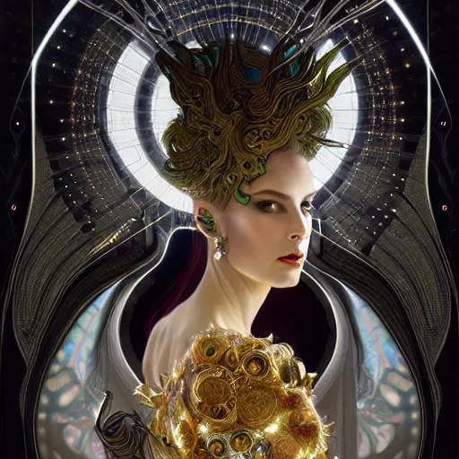 Image similar to extremely psychedelic beautiful cyborg queen of lsd infected by night. intricate, elegant, highly detailed, extremely lifelike photorealistic digital painting, artstation. steichen, gaston bussiere, tom bagshaw, cyberpunk alphonse mucha. elegant minimalism. anatomically correct. sultry rage. sharp focus. gold and black, white accents. lifelike