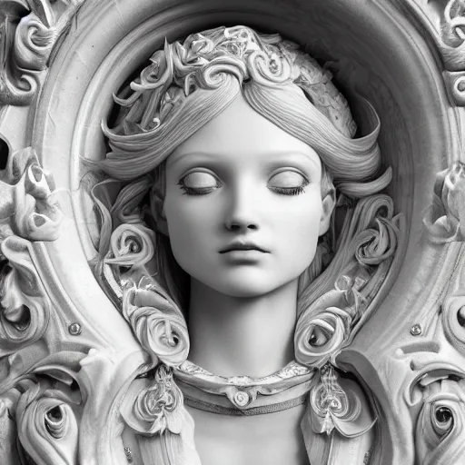 Image similar to wonderful princess made of marble, beautiful face, hyper detailed, flowing background intricate and detailed, ornate 8 k gorgeous intricate detailed, octane render, black and white