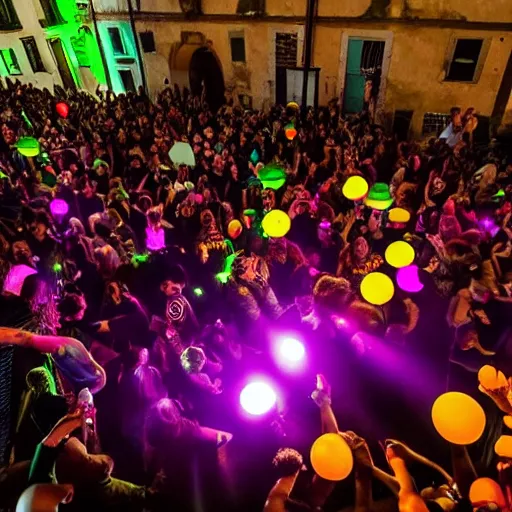 Image similar to disco party, strobo lights, millennials dancing, z generation, dj set, the square of an italian small town with stairs, high definition, hyper realistic, full details