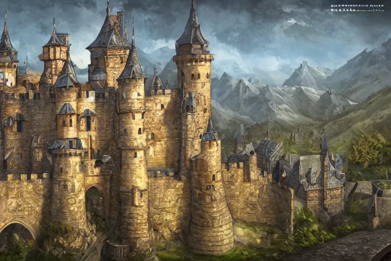 Image similar to A medieval castle, texture, intricate, details, highly detailed, masterpiece, architecture, building, trending on artstation, focus, sharp focus, concept art, digital painting, fantasy, D&D, tabletop, rpg, roleplay, sunny, day, midday, photograph, still