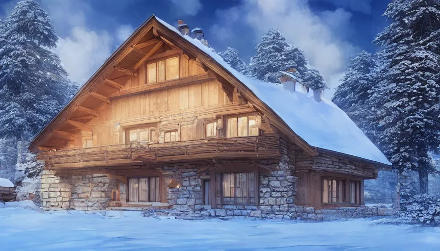 Image similar to A highly detailed matte painting of Modern chalet built in the snowy mountains, by Studio Ghibli, Makoto Shinkai, by Artgerm, by WLOP, by Greg Rutkowski, volumetric lighting, octane render, 4K resolution