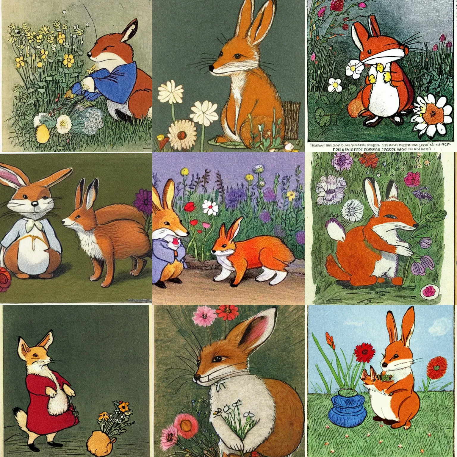 Prompt: A fox with a bunch of flowers, a rabbit pulling a turnip,Beatrix potter