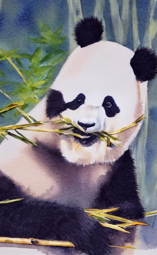 Image similar to a watercolor painting of a panda eating bamboo, dynamic lighting, photorealistic, ambient lighting, atmospherical, stunning visuals, trending on art station