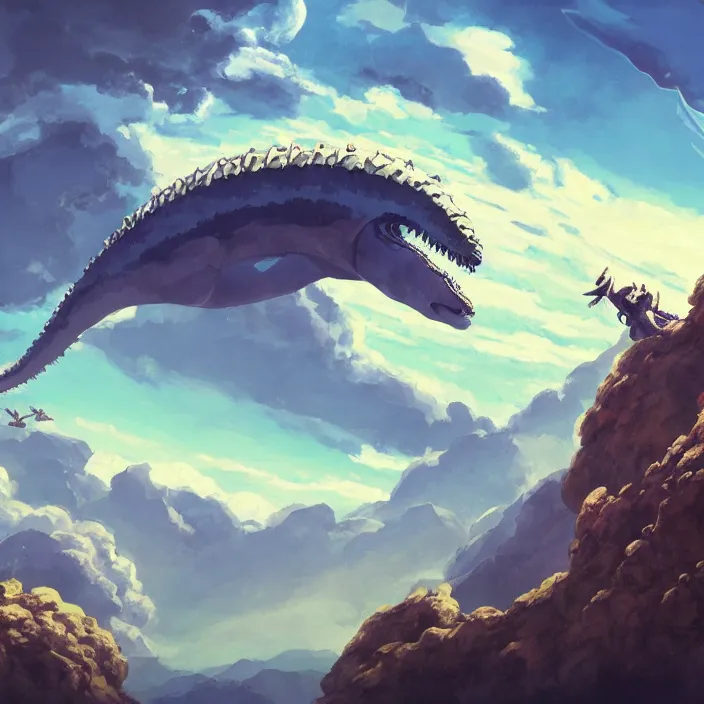 Prompt: giant leviathan flying over the mountains, clouds and sky, inspired by Nausicaa of the Valley of the Wind, Studio Ghibli, Hayao Miyazaki, 8k, 4k, UHD, HDR, photorealistic, 3D, digital painting, matte painting, environment design, by Victor Nava, Artstation