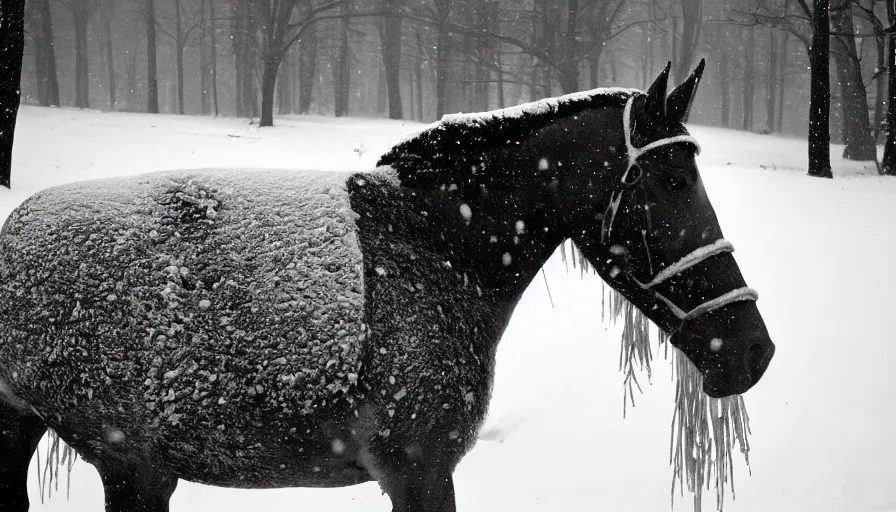 Prompt: 1 9 6 0 s movie still close up of marcus aurelius frozen to death under the snown next to his horse frozen under the snow by the side of a river with gravel, pine forests, cinestill 8 0 0 t 3 5 mm, high quality, heavy grain, high detail, texture, dramatic light, anamorphic, hyperrealistic, detailed hair, foggy