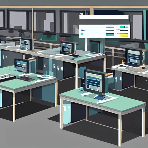 Prompt: an active computer terminal in a deserted laboratory, in the style of rhads on artstation