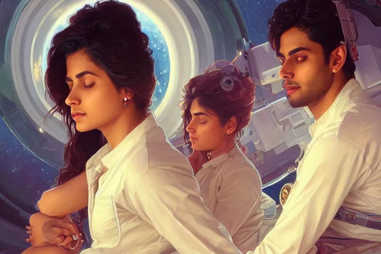 Image similar to Sensual good looking pale young Indian doctors wearing jeans in a space station above Earth, portrait, elegant, intricate, digital painting, artstation, concept art, smooth, sharp focus, illustration, art by artgerm and greg rutkowski and alphonse mucha