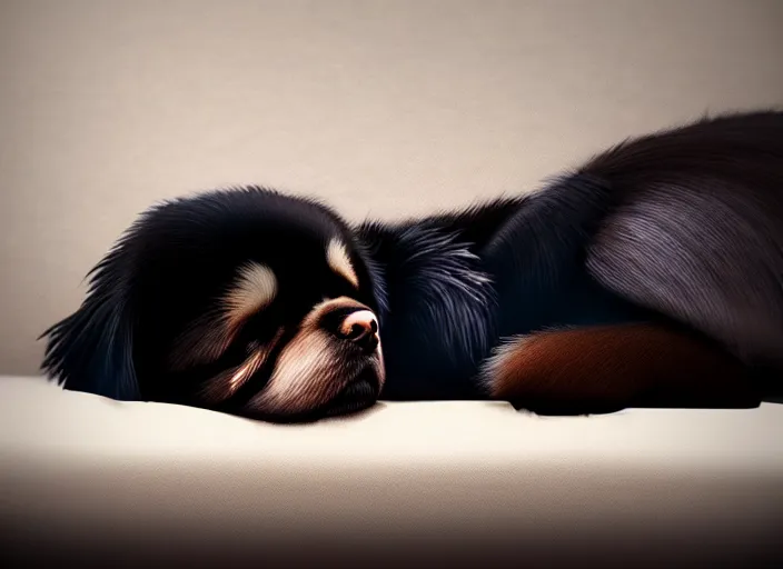 Prompt: a wholesome animation key shot of a black tibetan spaniel, sleeping on a leather couch, studio ghibli, pixar and disney animation, sharp, rendered in unreal engine 5, anime key art by greg rutkowski, bloom, dramatic lighting