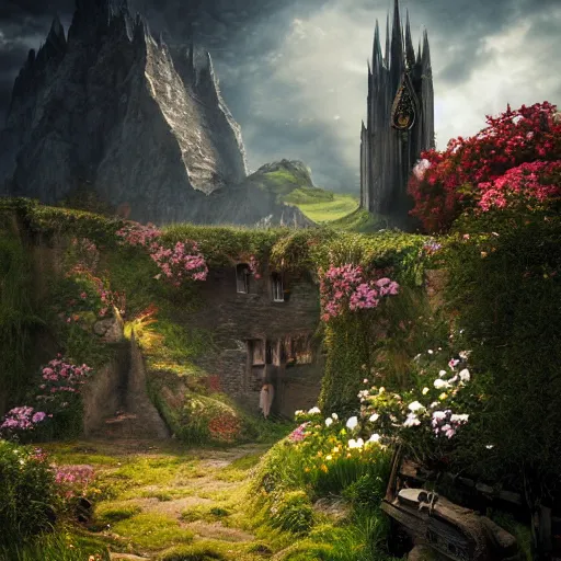 Image similar to the dark tower - the hobbit - j. r. r. tolkien - a medieval village in switzerland, ornate, beautiful, atmosphere, vibe, flowers, concept art illustration, greg rutowski, volumetric lighting, sunbeams, particles