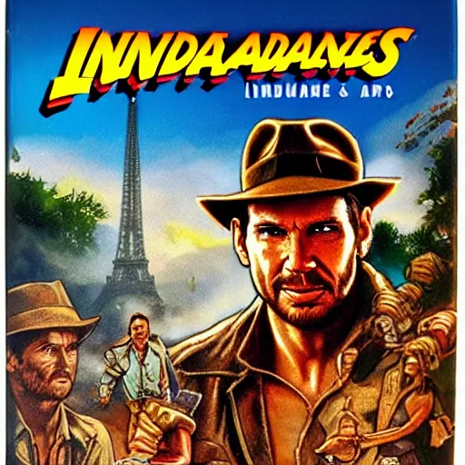 Prompt: video game box art of a commodore 6 4 game called indiana jones goes to paris, 4 k, highly detailed cover art.