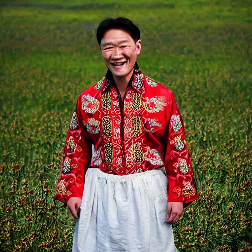 Prompt: surreal photography of smiling kim chen in. kim chen in is wearing traditional - ukrainian folk shirt designed by taras shevchenko.