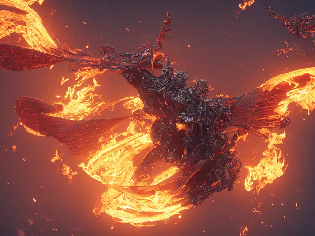 Image similar to a man fly from flame , intricate, highly detailed, artstation trending, ray tracing, cinematic, art by andrey surnov, concept art,