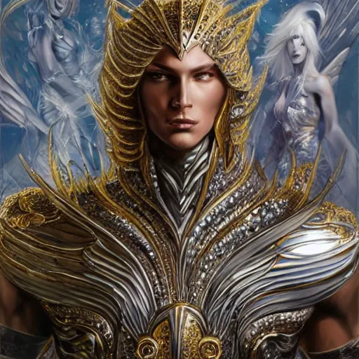 Image similar to a beautiful muscular male angel wearing a silver chrome armor with golden ornaments and diamonds jewelry by alex gray and android jones, karol bak, ayami kojima, amano, concept art, character design, fantasy, 3 d, 8 k resolution