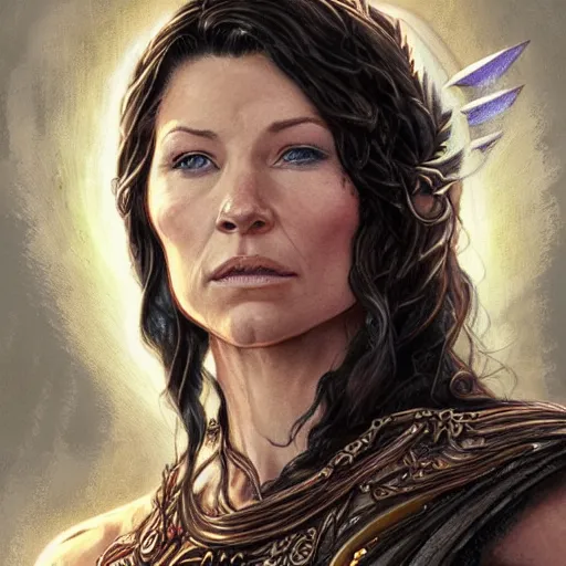 Image similar to evangeline Lilly as a priestess calling down thunder, symmetrical, smooth, sharp focus, art by magali villeneuve and art germ, concept art, very high quality