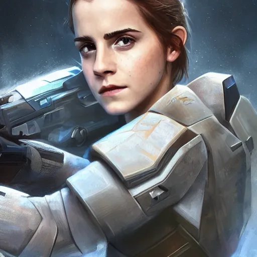 Image similar to Emma Watson as master chief, digital art, artstation, concept art, sharp focus, 4k, high detail