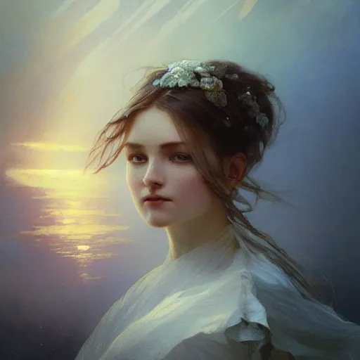 Prompt: I woke up in a world that had fragments of you. three-quarters portrait, intricate, elegant, sharp focus, illustration, highly detailed, digital painting, concept art, matte, by Aleksi Briclot and by Ivan Aivazovsky and by Alphonse Mucha, masterpiece