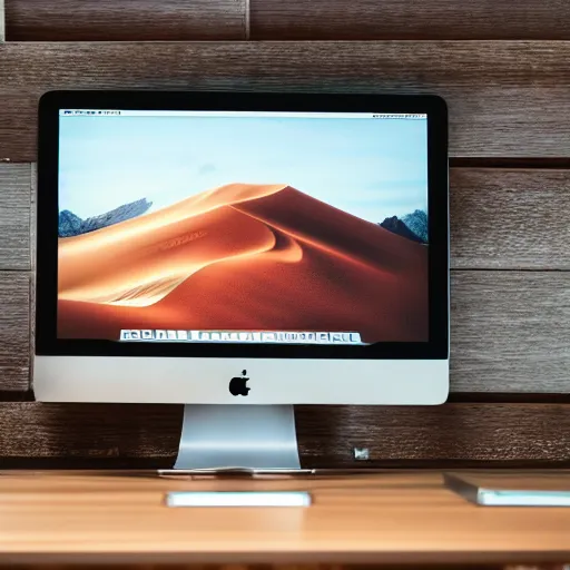 Prompt: an iMac computer sitting on a wood conference table, closeup shot, advertising lighting