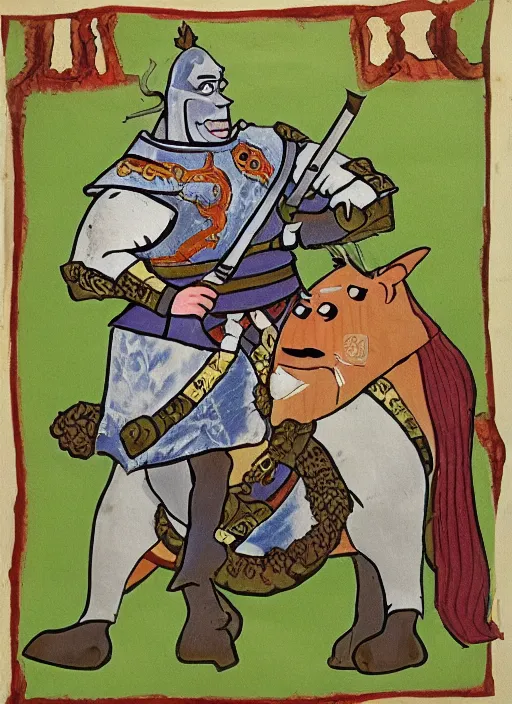 Image similar to medival scroll painting of a Shrek in armour from Shrek the movie, fine detail,