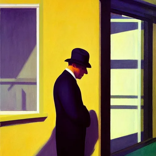 Prompt: painting of a miserable man. by edward hopper and james gilleard