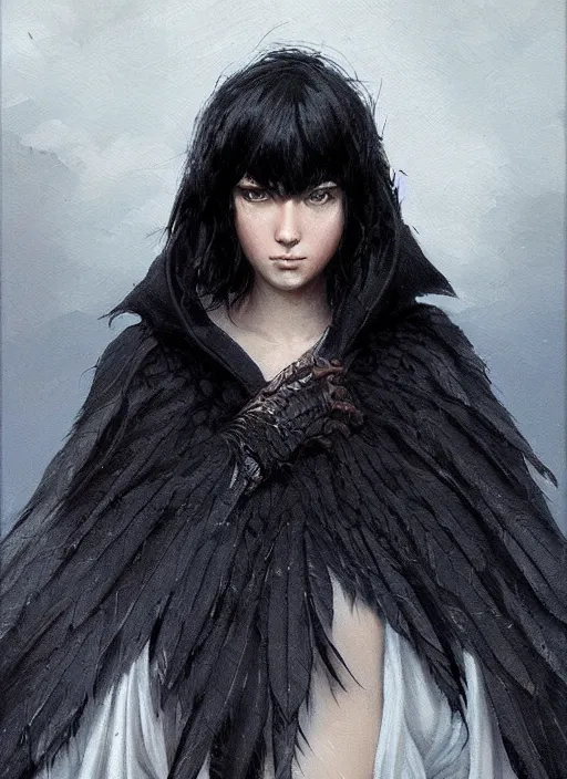 Image similar to a teenage girl with very short black hair and a huge cloak made of black raven feathers. beautiful highly detailed face. beautiful painting by artgerm and greg rutkowski and raymond swanland