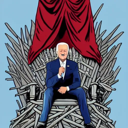 Prompt: joe biden sitting on top of a giant iron throne, a poster by matt bors, trending on reddit, sots art, official art, glorious, epic