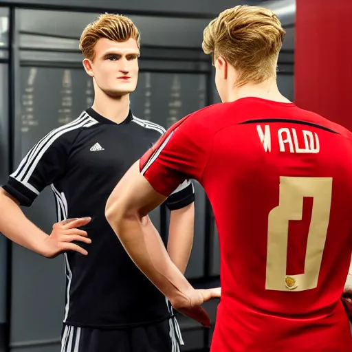 Image similar to a realistic detailed photo of a guy who is an attractive humanoid who is half robot and half humanoid, who is a male android, soccer players martin ødegaard & timo werner, shiny skin, posing like a statue, blank stare, in a factory, on display, showing off his muscles, gold soccer shorts, side view, looking at each other mindlessly