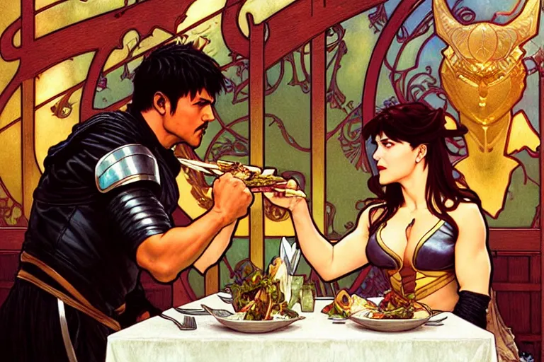 Image similar to xena warrior princess eating at a restaurant, with a hispanic man in a suit as her companion, art by artgerm and greg rutkowski and alphonse mucha