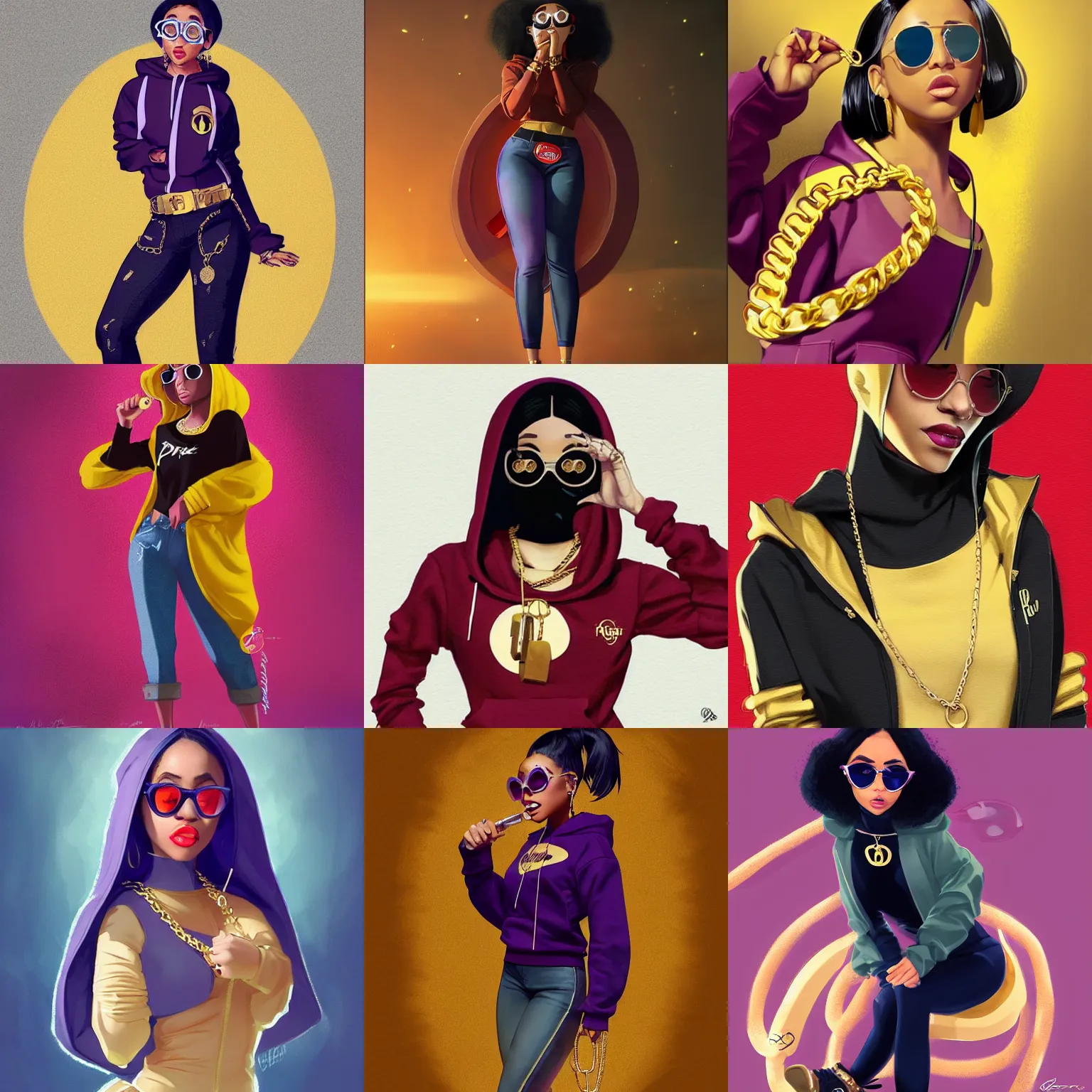 Prompt: Violet Parr full body wearing designer hoodie as doja cat as cardi b wearing gold chain and sunglasses and gold hoop earrings by greg rutkowski by artgem trending on artstation hero concept art