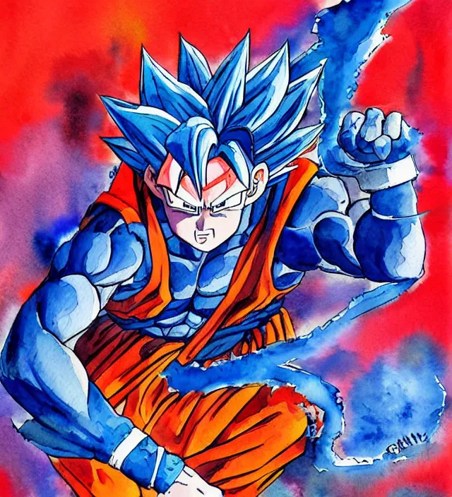 Image similar to a 3 / 4 view watercolor ink painting of goku as a superhero in the style of jean giraud in the style of moebius trending on artstation deviantart pinterest detailed realistic hd 8 k high resolution