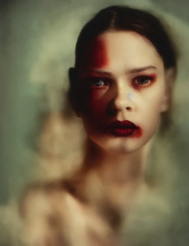 Image similar to portrait girl with smokey eyes makeup in motel, redshift, wide high angle coloured polaroid photograph with flash, kodak film, hyper real, stunning moody cinematography, with anamorphic lenses, by maripol, fallen angels by wong kar - wai, style of suspiria and neon demon and children from bahnhof zoo, detailed