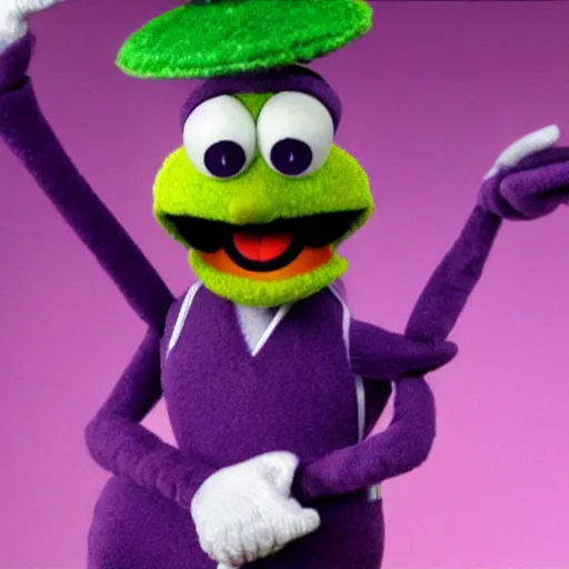 Image similar to A still of Waluigi as a Muppet, photorealistic