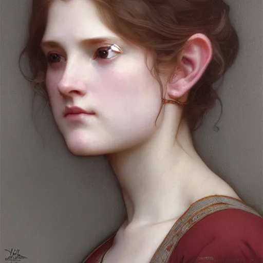 Image similar to Portrait of beautiful pale peasant girl, cinematic lighting, intricate, elegant, highly detailed, digital painting, artstation, smooth, sharp focus, illustration, art by artgerm and greg rutkowski and alphonse mucha and Wayne Barlowe and william-adolphe bouguereau