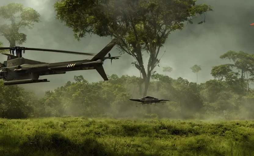 Prompt: photo of sci - fi war helicopter landing on jungle complex, ultra detailed, movie frame, cinematical composition, 4 k, breaking bad