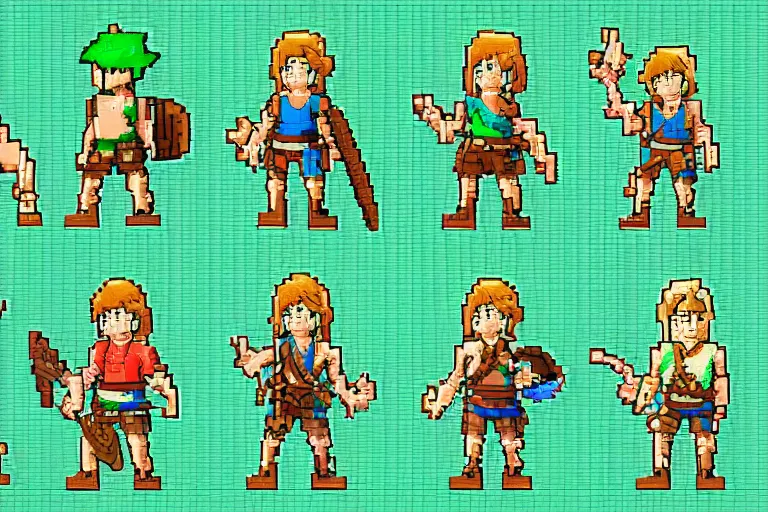 Image similar to pixel art link in the style of breath of the wild. sprite sheet, character design # pixelart