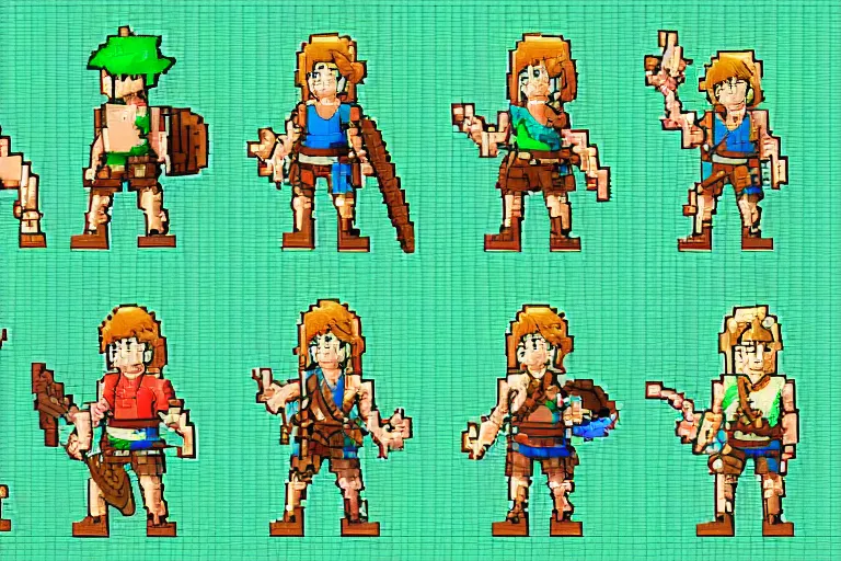 Prompt: pixel art link in the style of breath of the wild. sprite sheet, character design # pixelart