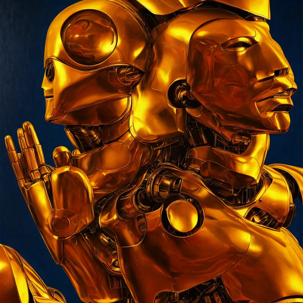 Image similar to cinematic bust portrait of psychedelic god robot from left, head and chest only, robotic improvements, part of Moebius, part of maxfield parrish, part of Thomas Ehretsmann,, oil on canvas, masterpiece, trending on artstation, cinematic composition, dramatic pose, beautiful lighting, sharp, details, hyper-detailed, volumetric lighting 4K