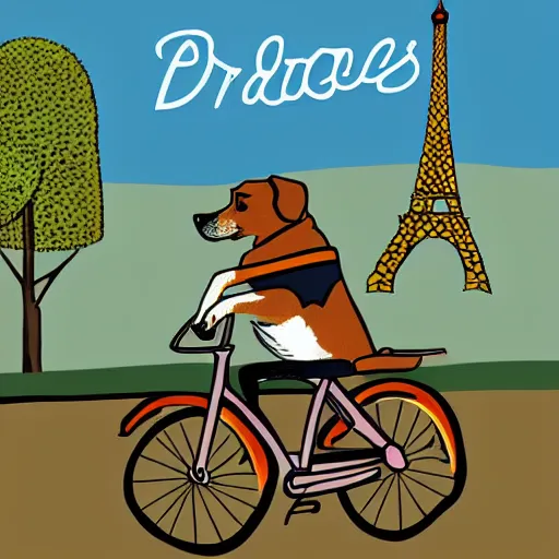 Prompt: illustration of a dog riding a bike in paris in the style of erin stead