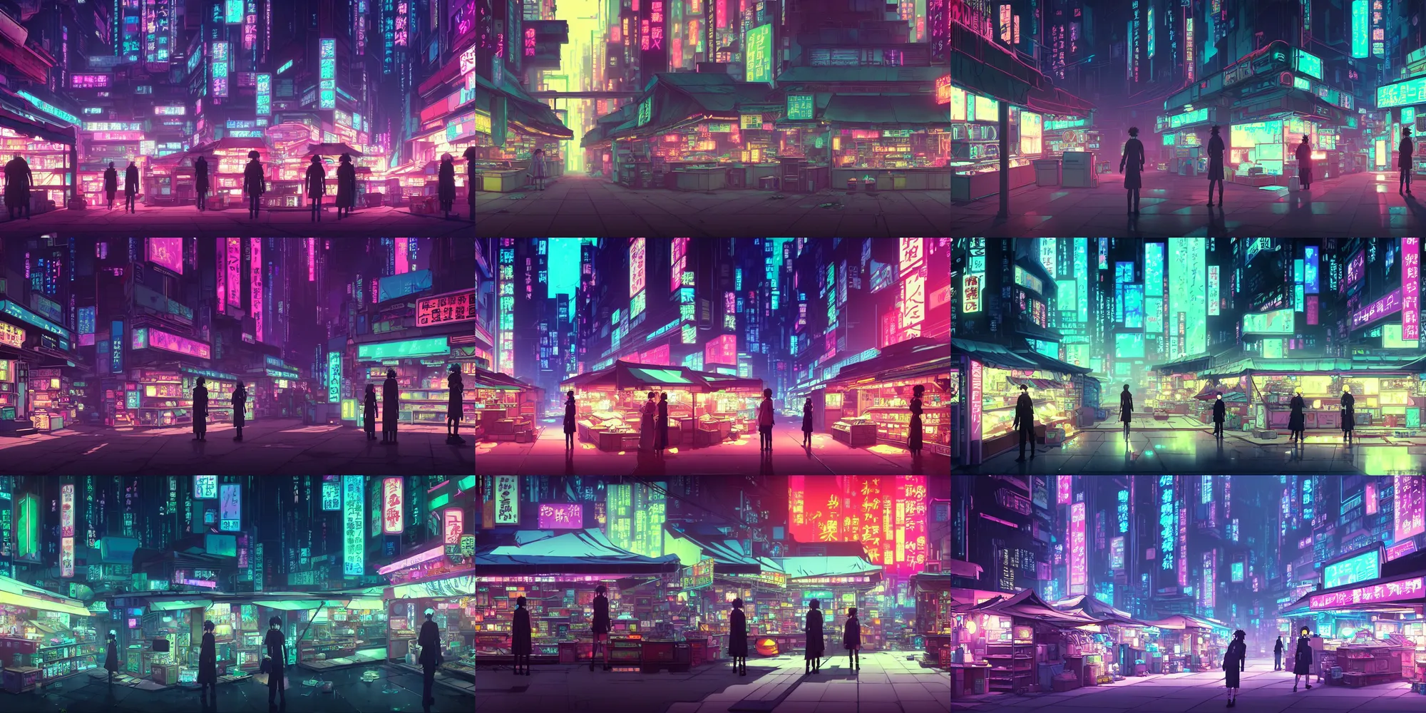 Prompt: an atmospheric cyberpunk neon noir background art of a small small marketplace in the anime film, by Shichiro Kobayashi, in the anime series ghost in the shell, by makoto shinkai, hazy and dreary