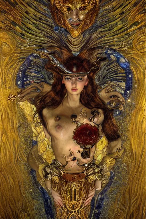 Image similar to Intermittent Chance of Chaos Muse by Karol Bak, Jean Deville, Gustav Klimt, and Vincent Van Gogh, trickster, enigma, Loki's Pet Project, destiny, Poe's Angel, Surreality, creativity, inspiration, muse, otherworldly, fractal structures, arcane, ornate gilded medieval icon, third eye, spirals