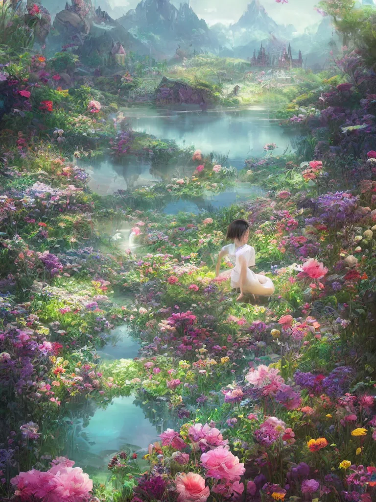 Prompt: a dream flower garden surrounding a lake environment where one draws mystical energy into their lives, background art, pristine concept art, small, medium and large design elements, in the style of WLOP and Ross Tran