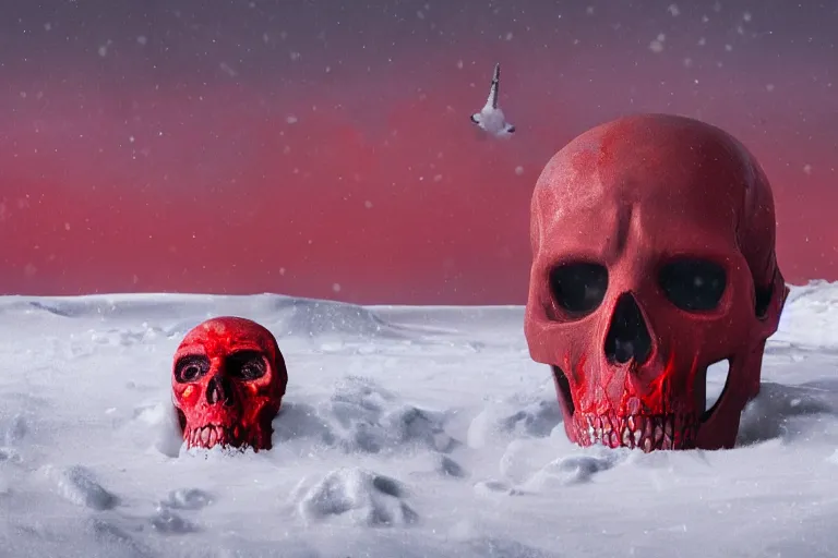 Image similar to a large red skull sitting in the middle of a snow covered field, a matte painting by pascal blanche, featured on behance, new sculpture, matte painting, apocalypse art, apocalypse landscape