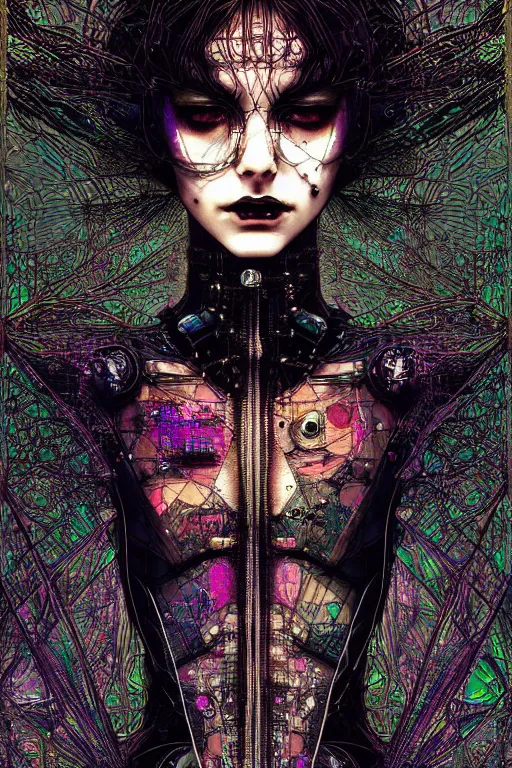 Image similar to dreamy cyberpunk girl, abstract black leather, digital nodes, beautiful woman, detailed acrylic, grunge, intricate complexity, by dan mumford and by harry clarke, peter lindbergh