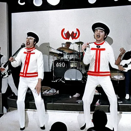 Image similar to 1 9 6 0 s photograph of a group of 4 white males performing rock music live on tv, dressed in peppermint themed sailor outfits with wide brim hats, tv studio