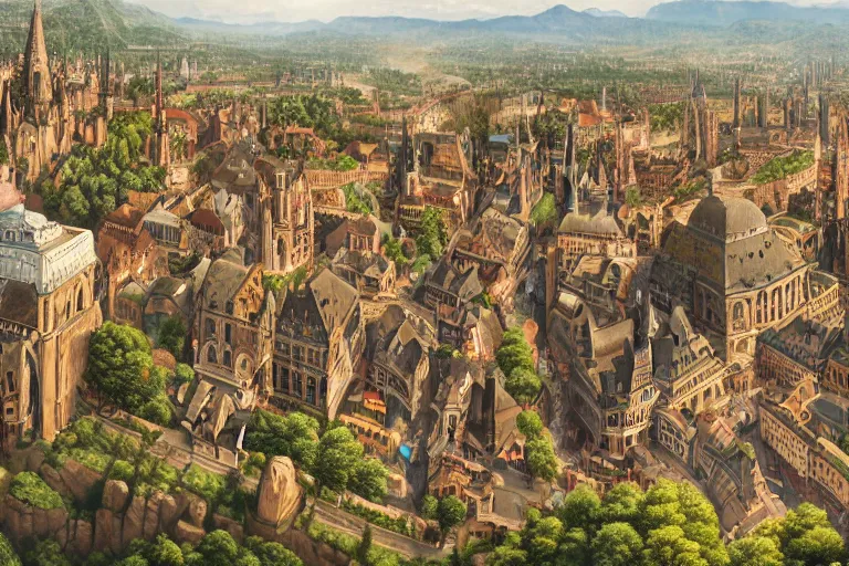 Prompt: an ultra detailed matte landscape painting of an german renaissance capital city built into the side of a mountain with many tall spirally towers, sweeping vista, german renaissance architecture, ultrawide lens, aerial photography, 8 k, volumetric lighting, smooth, highly detailed, digital illustration, art by greg rutkowski and akira toriyama and artgerm, pixv