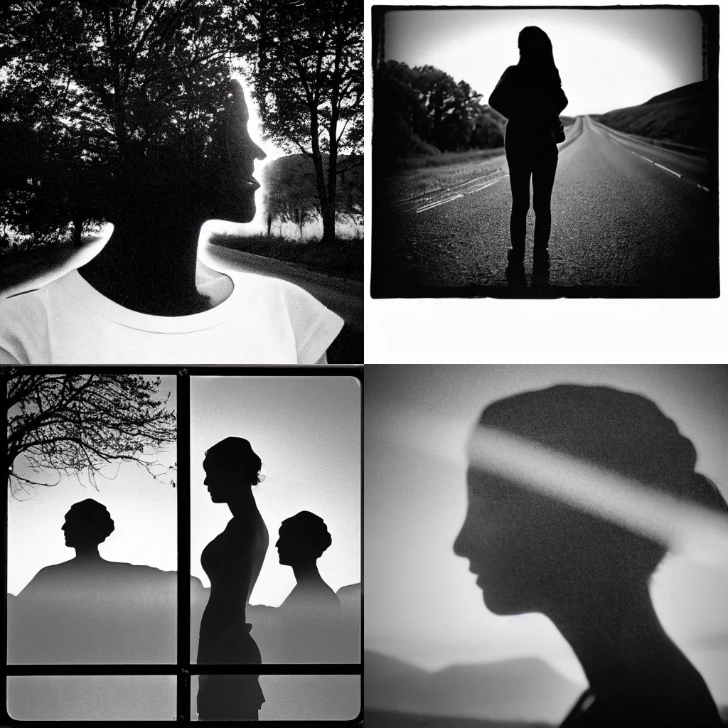 Prompt: A double exposure photography of the profile of a woman and a country road. Fuji Neopan Acros 100 film. Cinematic. High contrast. profile silhouette. centered.