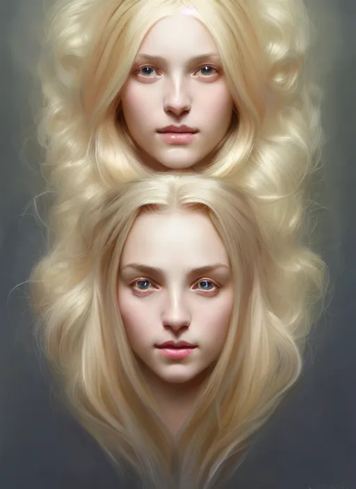Image similar to symmetrical feminine face, portrait of young woman blessed by god with ever - increasing physical and mental perfection, blonde hair, perfect face!! intricate, elegant, highly detailed, vision of holy perfection!! smile, digital painting, artstation, concept art, smooth, sharp focus, illustration, art by artgerm and greg rutkowski and alphonse mucha