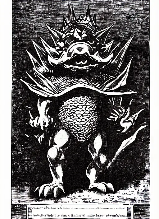 Prompt: illustration of bowser the king koopa as a demon from the dictionarre infernal, etching by louis le breton, 1 8 6 9, 1 2 0 0 dpi scan, ultrasharp detail, clean scan