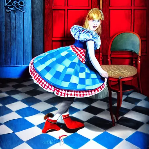 Image similar to alice in the wonderland, sitting, checkered floor, chair, blue dress, red door blonde by cheval michael