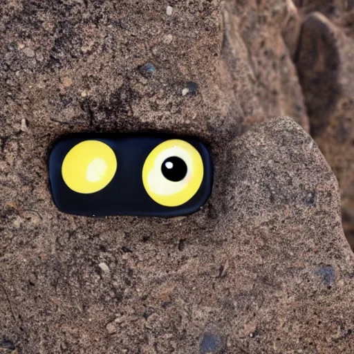 Image similar to a smooth stone that has 2 googly eyes. on a desert cliff with a blurry background.